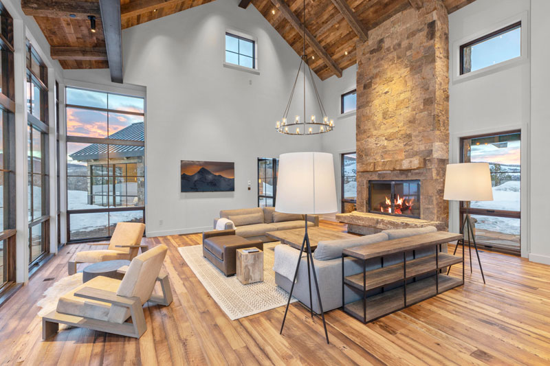 Reclaimed wood flooring in a completed interior