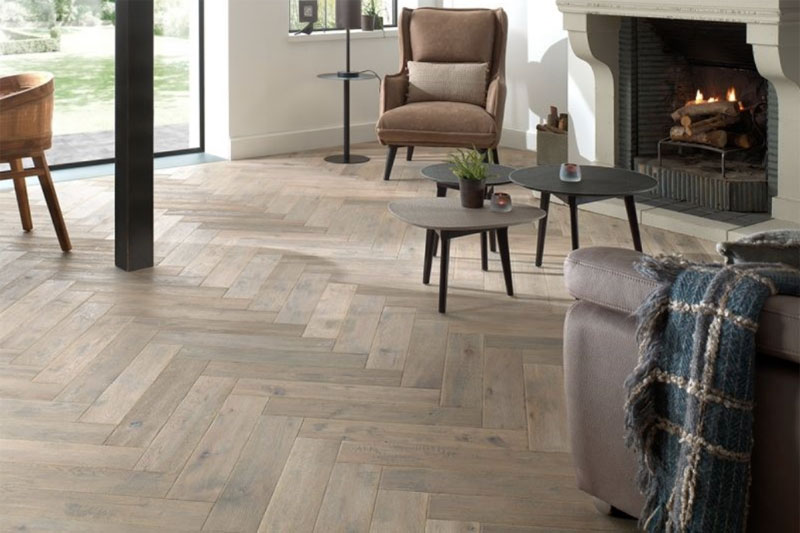 Reclaimed wood flooring in a completed interior
