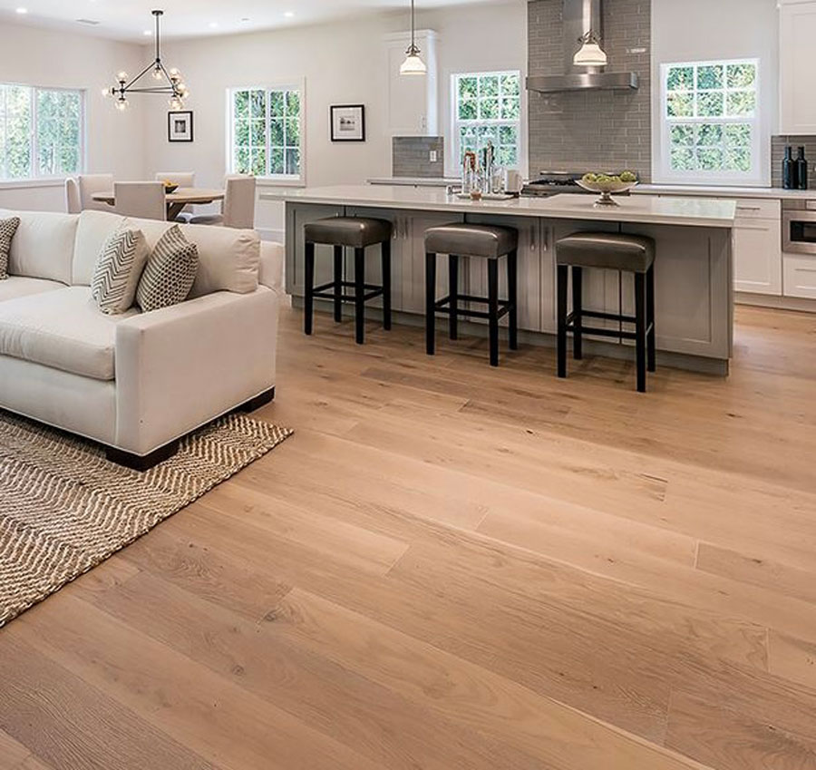 Reclaimed wood flooring in a completed interior