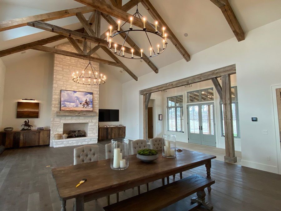 Reclaimed timber trusses over a great room