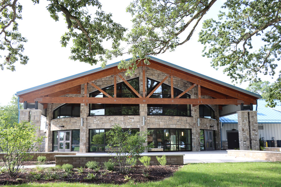 White oak trusses in a timber-framed space
