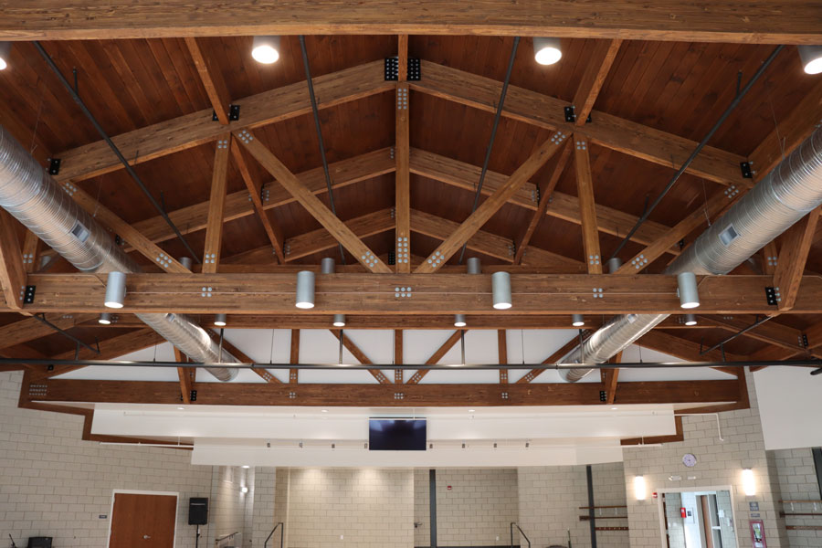White oak trusses in a timber-framed space