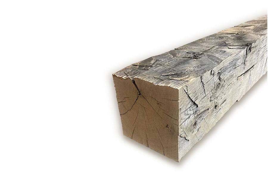Hand-Hewn White Oak Mantel, Weathered Gray